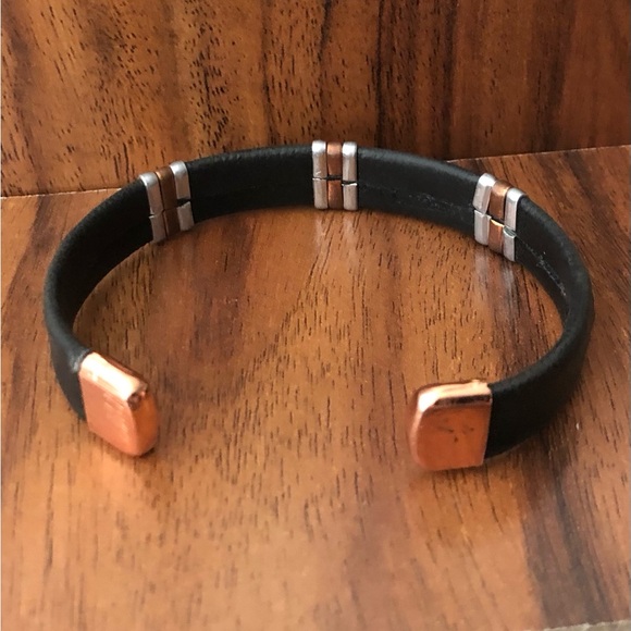 Two Tone Link Leather Wrapped Pure Copper Magnetic Bracelet Energy Cuff Bangle - Picture 3 of 3